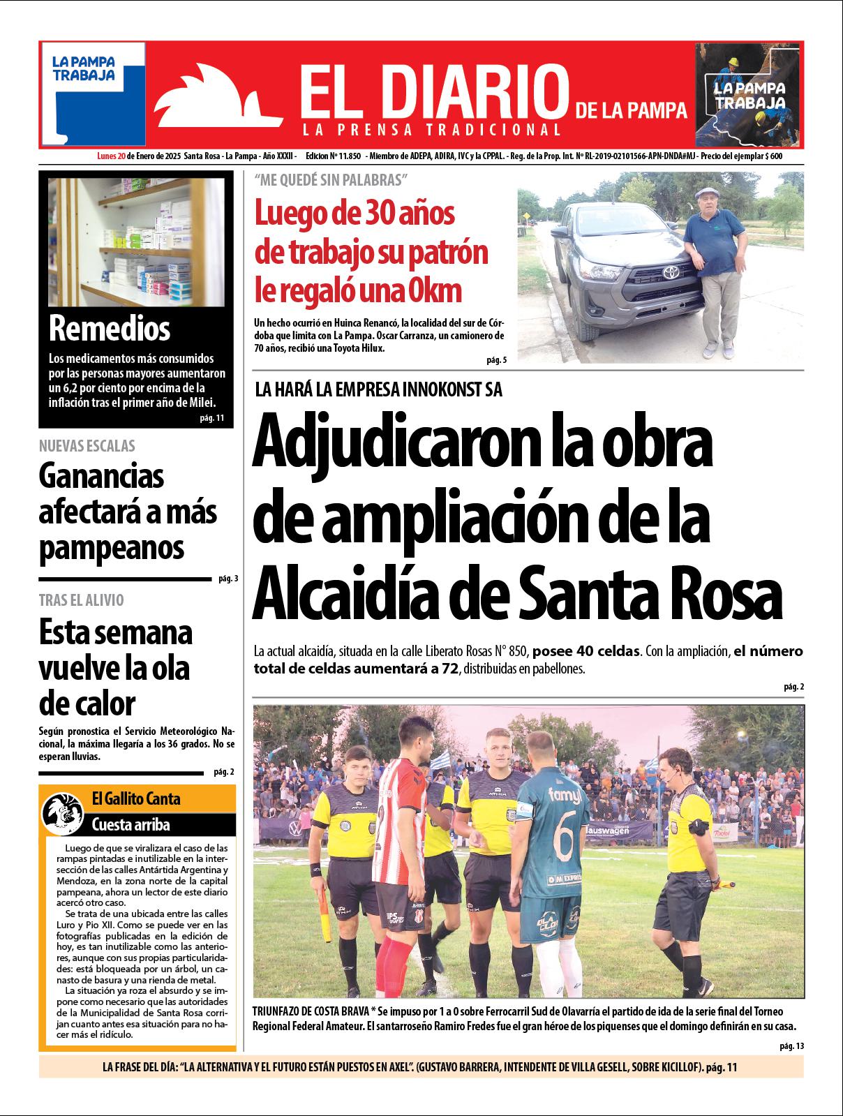 Tapa de El Diario en papel  lunes 20 de enero de 2025